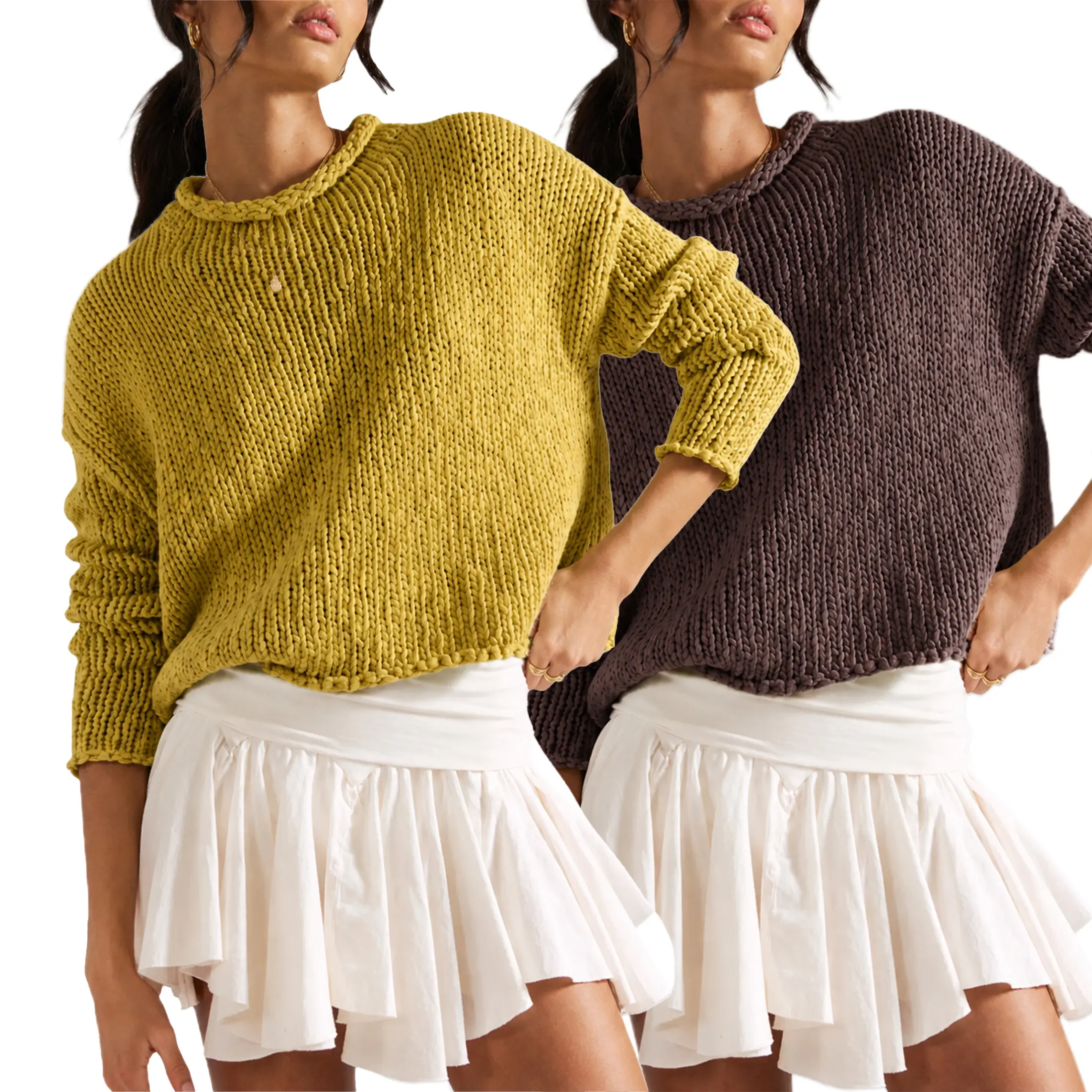 Wandal Women Chunky Knit Cropped Sweater, Roll Edge Crew Neck Oversized Drop Shoulder Pullover, Loose Boxy Textured Long Sleeve Top Casual Fall Aesthetic Knit Sweater
