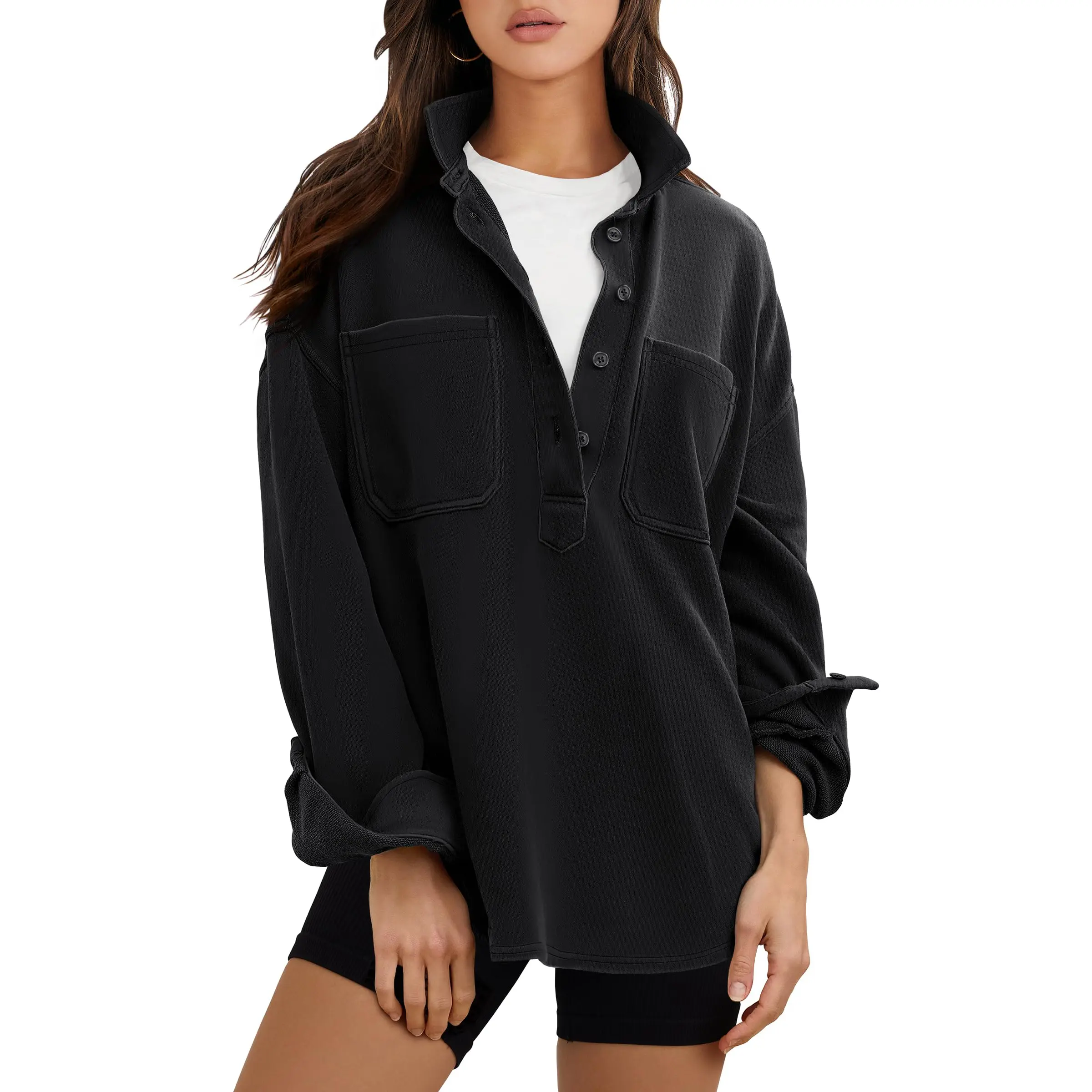 ANRABESS Sweatshirt for Women Oversized Casual Long Sleeve Side Slit Button Lapel Polo Pullover Tunic Tops 2026 Fall Outfits