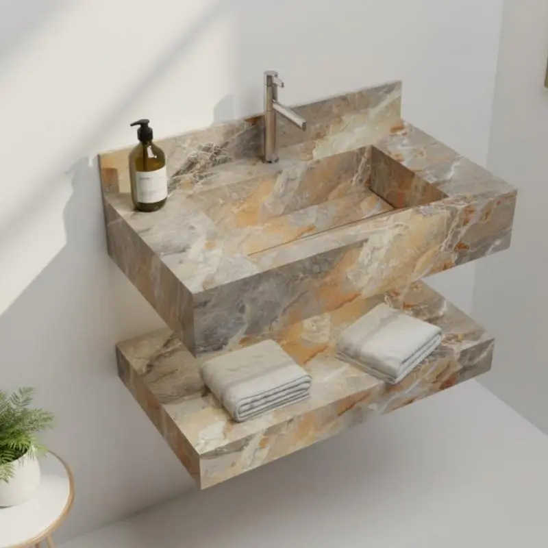 MLF Bathroom Vessel Sink - Premium Ceramic Marble Pattern Wash Basin, Wall Hung Floated Bathroom Sink Bowl, Modern Bathroom Sink for Vanity Countertop