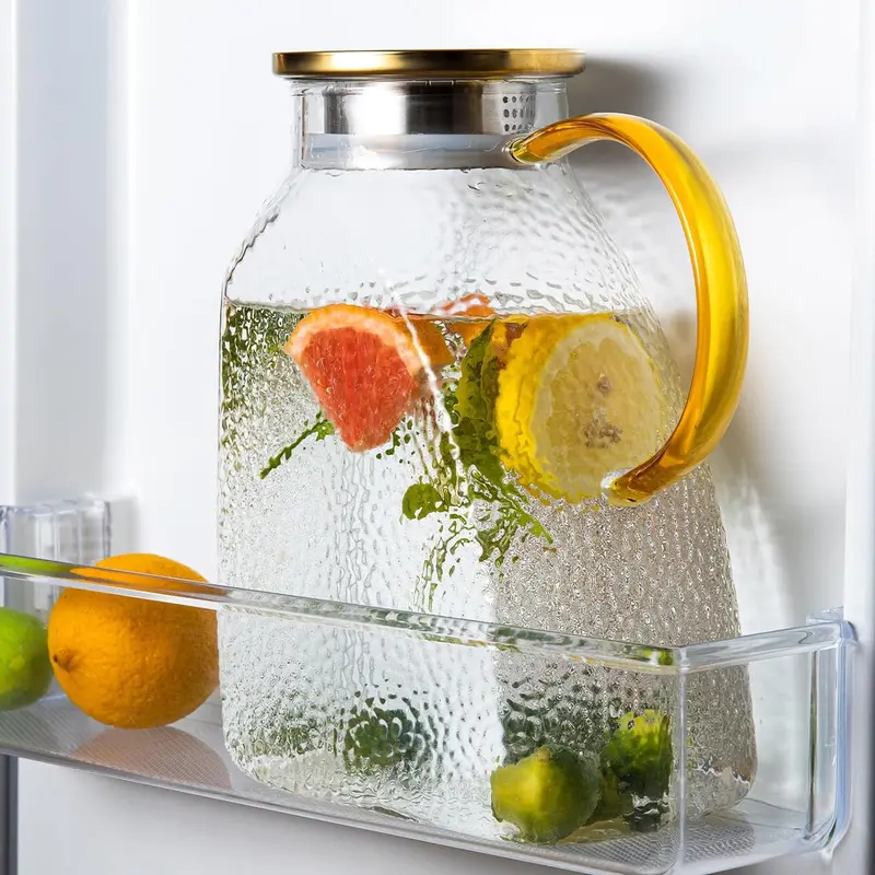 Stainless Glass Airtight Iced Tea Pitcher with BPA-Free Lid - 1.8L/60oz Home Storage Jug, Heat-Safe for Hot Pours, Picnic-Ready, Modern Kitchen Design, Dustproof, Maintains Freshness for Homemade Juice, Wine