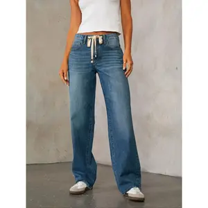 Women's plain drawstring jeans, casual and fashionable denim pants, spring and autumn women's underwear, casual denim pantsRAIMENTRY