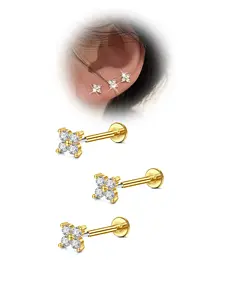 Stainless Steel Flower-Shaped Stud Earrings Set, Durable Cubic Zirconia Inlay Design, Available Sizes 20g, 18g, 16g, Perfect for Earlobe & Nose Piercing