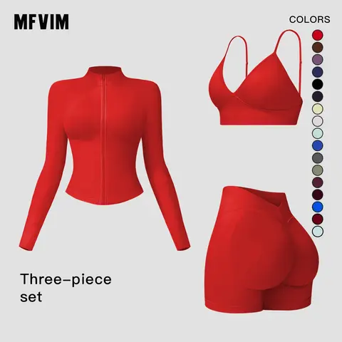 Women's 3-Piece Activewear Yoga Set - Zip Up Jackets Stand-Collar Cropped Long-Sleeve, V-Neck Workout Tops Sports Bra, High Waist Butt-Lifting Athletic Shorts, Second-Skin Soft Fitness Outfit