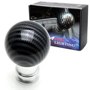 Glossy Black Carbon Fiber Finish Ball Type Gear Shift Knob w/Silver Cylinder Base Universal Fit Most Car 6-Speed 5-Speed 4-Speed Manual or Automatic