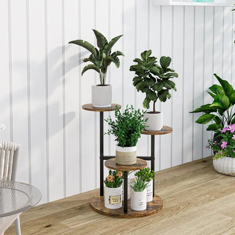 SUOERNUO 4-Tier Metal Plant Stand - Rectangle Home Organizer with Durable Metal-MDF Frame, 6 EVA Gaskets/Grip Pads for Steady Placement, Space-Saving Racks for Flower Pots/Frames in Living Room, 4-Layer Pot Storage