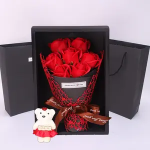 Realistic Flower Gift Box Set, Lifelike Artificial Flower, 7-Rose Bouquet with Bear Design, Creative Gift Idea for Valentine's Day, Mother's Day & Christmas, Artificial Bouquets