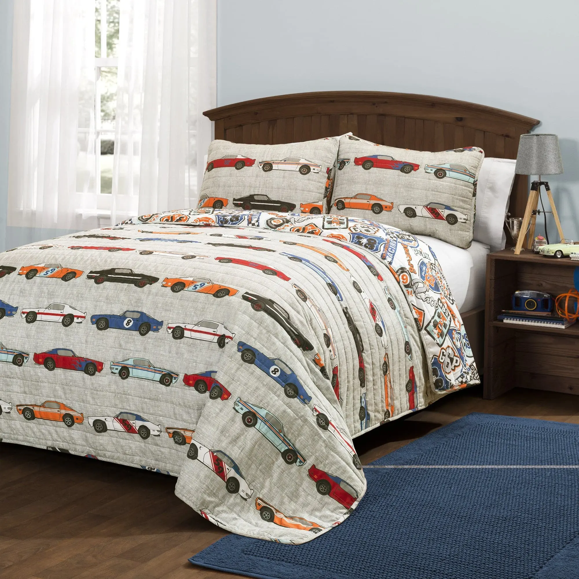Lush Decor Racing Car Quilt 3-Piece Set, Full/Queen Size, Double Sided Linen Texture Bedding Set, Printed for Kids' Rooms, Machine Washable, Double Sided Blanket, Printed Bedding Set