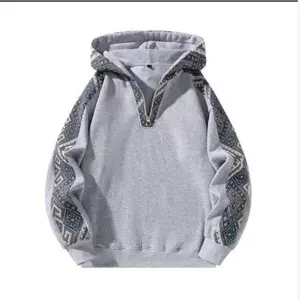 The latest model of 2025  Men's Ethnic Pattern Color Block Hoodie Long Sleeve Quarter Zip  The latest model of 2025Pullover Sweatshirt for Casual Wear emo outfits Grey Stylish Menswear Tops