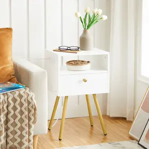 HOOBRO Nightstand with Charging Station, End Table with USB Ports and Outlet, Side Table for Tight Spaces, Solid and Stable, for Office, Bedroom, Study, White and Gold #SummerVibes