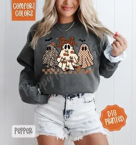 Boujee Ghost Trio Comfort Colors Sweatshirt, Trendy Women's Halloween Crewneck, Checkered Ghost Sweater, Cute Halloween Party Sweatshirt