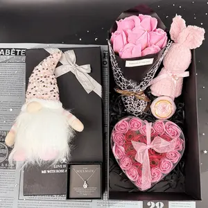 Valentine's Day Artificial Flower Bouquet Gift Set For Her - Romantic Heart Shaped Artificial Rose Box, Cute Gnome, Necklace - Gift For Girlfriend, Wife, Mom