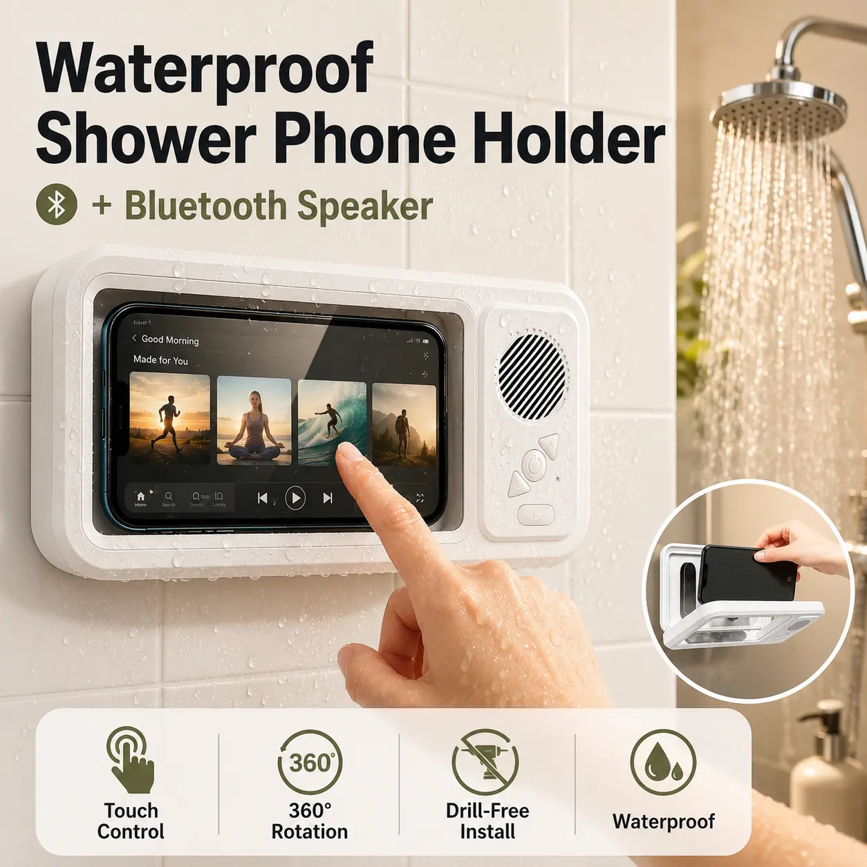 Waterproof Shower Smartphone Holder with Built-in Bluetooth Speaker, 360° Rotating Touchscreen Case, Anti-Fog Mobile Accessory, Hands-Free Cellphone Stand for Bathroom, Kitchen - Watch Netflix/YouTube While Showering
