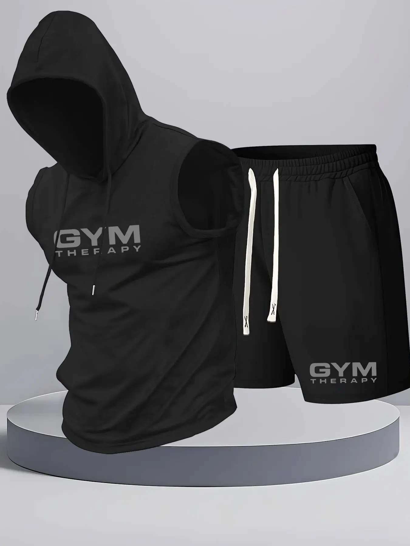 Summer Men's Set Letter Fitness Print Hooded Sleeveless Vest + Casual Waist Drawstring Shorts, Outdoor Sport Set, Sport Casual Outfit, Comfortable Breathable Fabric