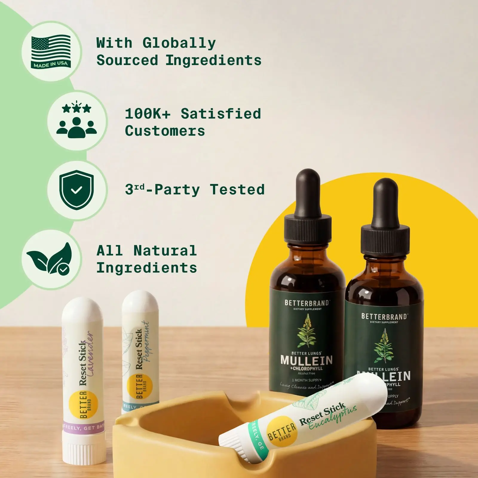 Betterbrand Breathing Support Bundle | Nasal Reset Sticks & (2) Mullein and Chlorophyll Tinctures Bundle to Quit Bad Habits | Lung Detox and Cessation Bundle
