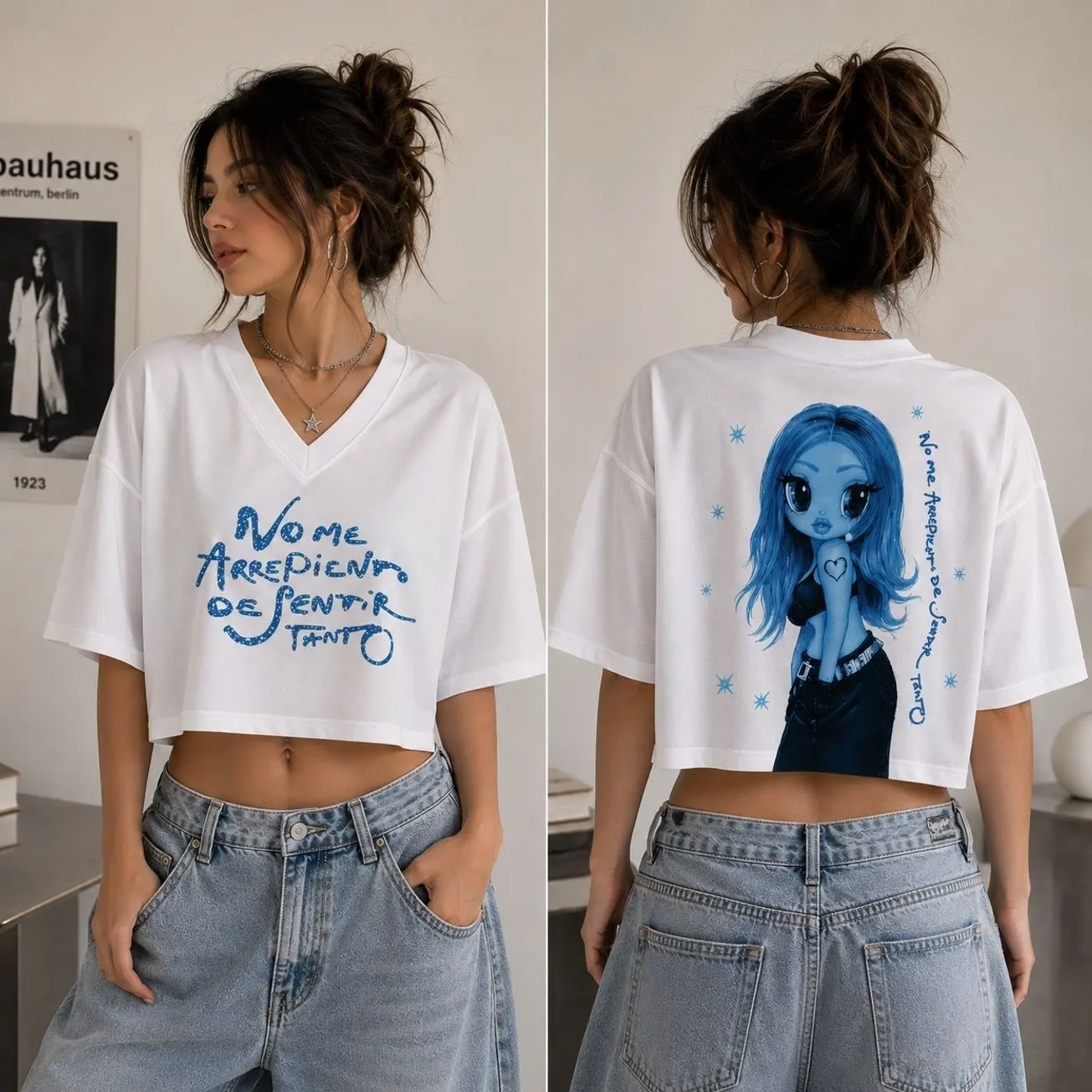 Sentir Tanto Era Inspired Crop Top Jersey, Women's Blue Graphic Jersey Shirt, Double-Sided Print, Latin Pop Concert Outfit, Music Fan Gift