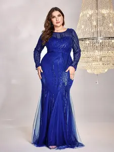 BluePlum Elastic, Woven Sequin, Comfortable To Wear, Suitable For Different Bodies, Perspective Round Neck Long Sleeved Slim Fit Fishtail Hem Featuring Unique Design, Formal Bridesmaid Party Extra Long Ball Plus Size Women Dress, Garment, Womenswear