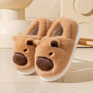 Cotton Slippers for Women Autumn Winter Thick Soled Outdoor Warm Indoor Home Use with Toe Caps Soft Fuzzy Design Brown Flipflop Shoe for Girl Parent Kitchen