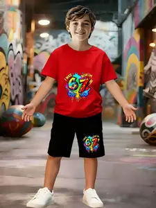 Boys' Fashion Set Junior with Explosive '67' Number Pattern, Round Neck Short Sleeve Top and Shorts, Summer Comfortable, Perfect Gift