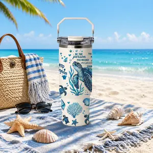 1 Pc 30oz insulated mug, Tumbler, sea turtle print, black coastal shell design, handle, double wall, leak-proof, keeps hot 12h cold 24h, thermal cup for drinks, beach travel car office, women men, gift, Stainless Steel Tumbler