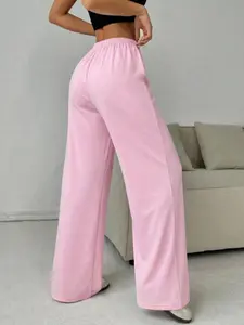 Women's Soft Knit Cream Casual Elastic Waisted Lounge Pants, Spring Summer Wide Leg Sweatpants, Comfortable Loose Fit Elastic Long Pants Bottoms for All Seasons Womenswear