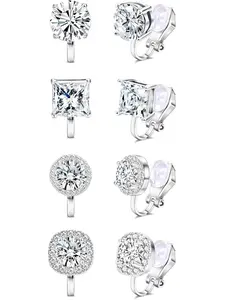 Cubic Zirconia Clip on Earrings - Women Hypoallergenic Comfortable Non Pierced Stud Earrings for Wedding and Dance Competitions, Clip-on Earrings Silver Gold Hypoallergenic CZ Earrings