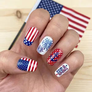 24pcs Independence Day Limited Edition Press-On Nails, American Flag Fireworks Nail Art Stickers, Anchor Element Wearable Nails, Reusable