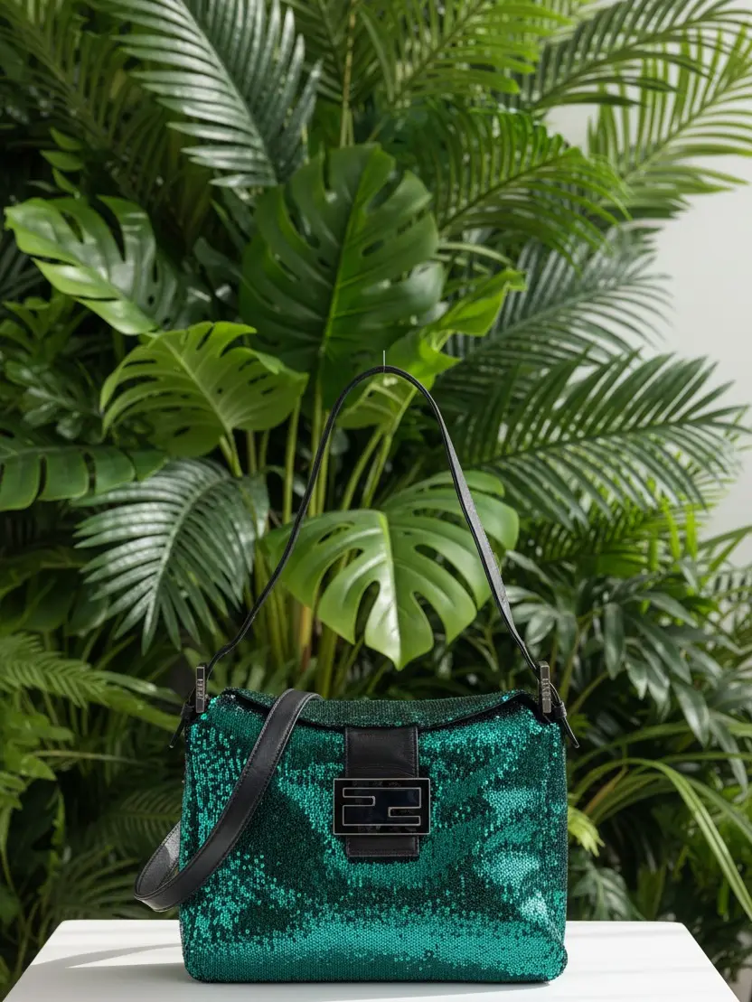 Pre-owned FENDI sequin Shoulder Bags Vintage Green Mamma Baguette RARE