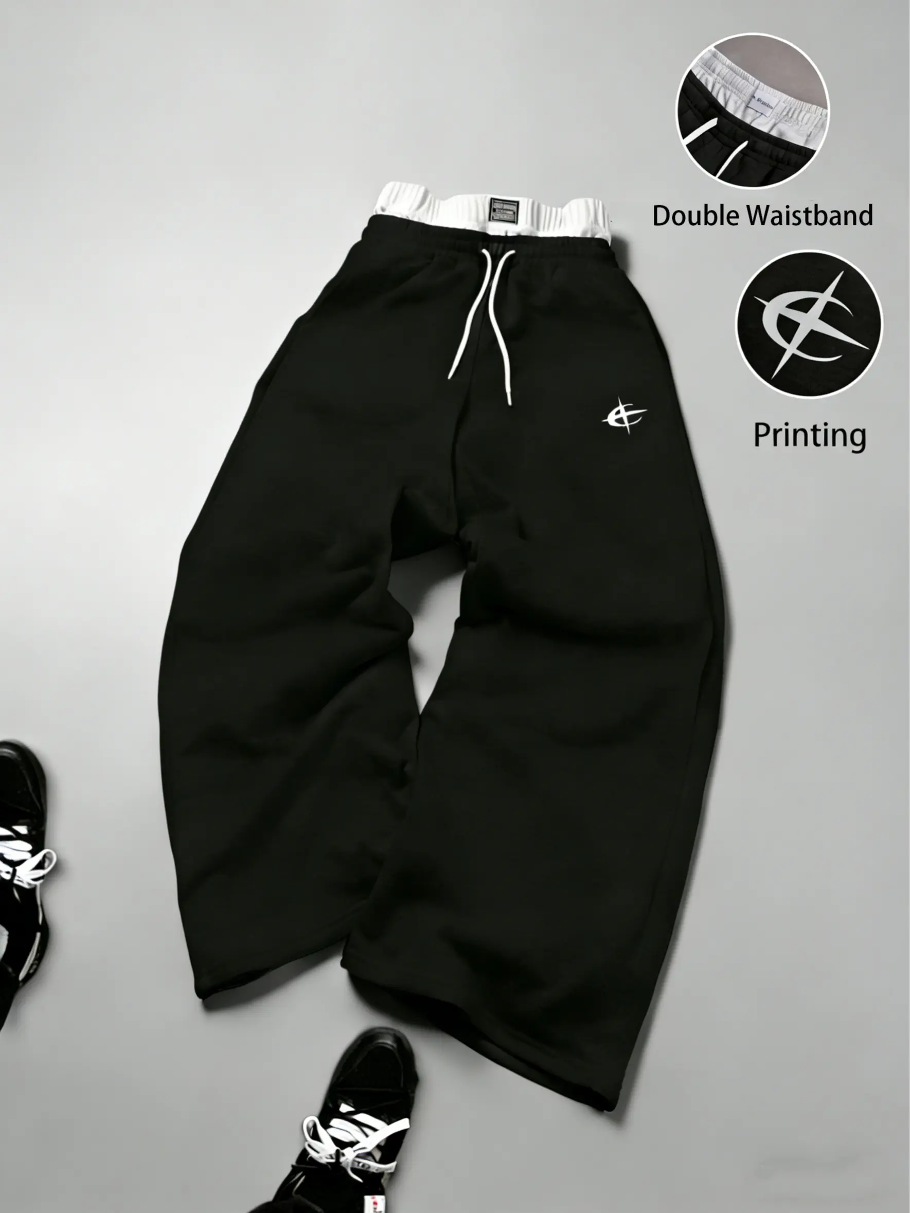 Gray sweatpants with embroidered logo, Y2K American street casual joggers, loose casual knitted sports pants featuring a drawstring and faux two-piece design with contrasting double waistband, perfect for everyday wear and trendy gatherings.