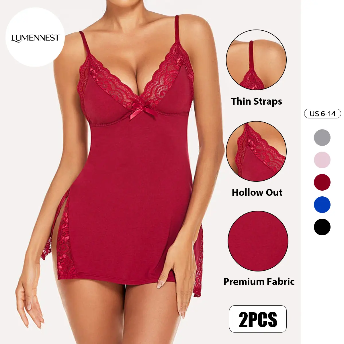 LUMENNEST Women's Sexy Satiny Solid Color Spaghetti Strap Lace Slit Bow Front Soft Nightdress