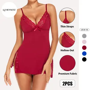 LUMENNEST Women's Sexy Satiny Solid Color Spaghetti Strap Lace Slit Bow Front Soft Nightdress