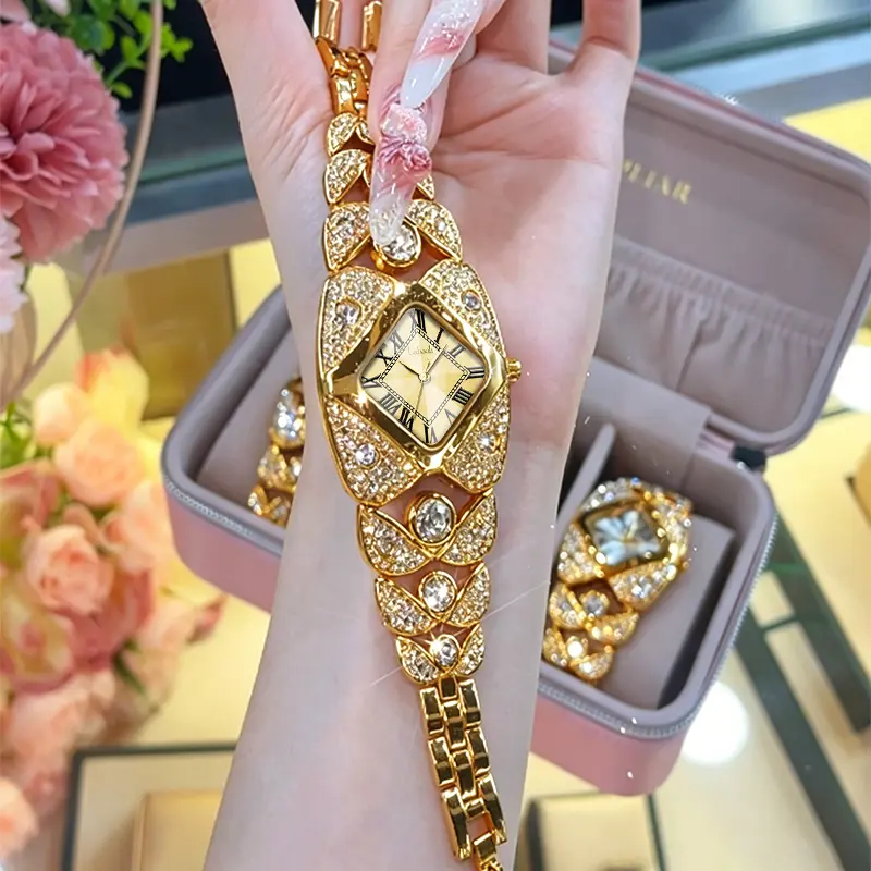 Luxury Gold Rhinestone Bangle Watch for Women Iced Out Diamond Roman Numeral Quartz Wristwatch Elegant Bling Bracelet Watch Trendy Fashion Jewelry Gift