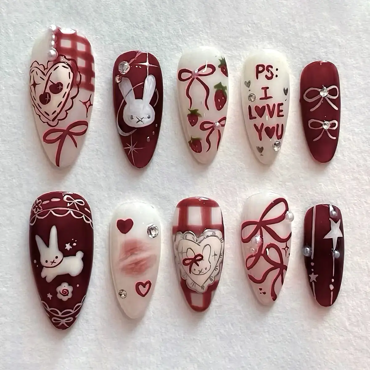 Cute Bunny Strawberry Bow Pearl Heart Rhinestone Ballerina Fake Nails, Medium Length Reusable Wearable Nail Art Set for Women & Girls