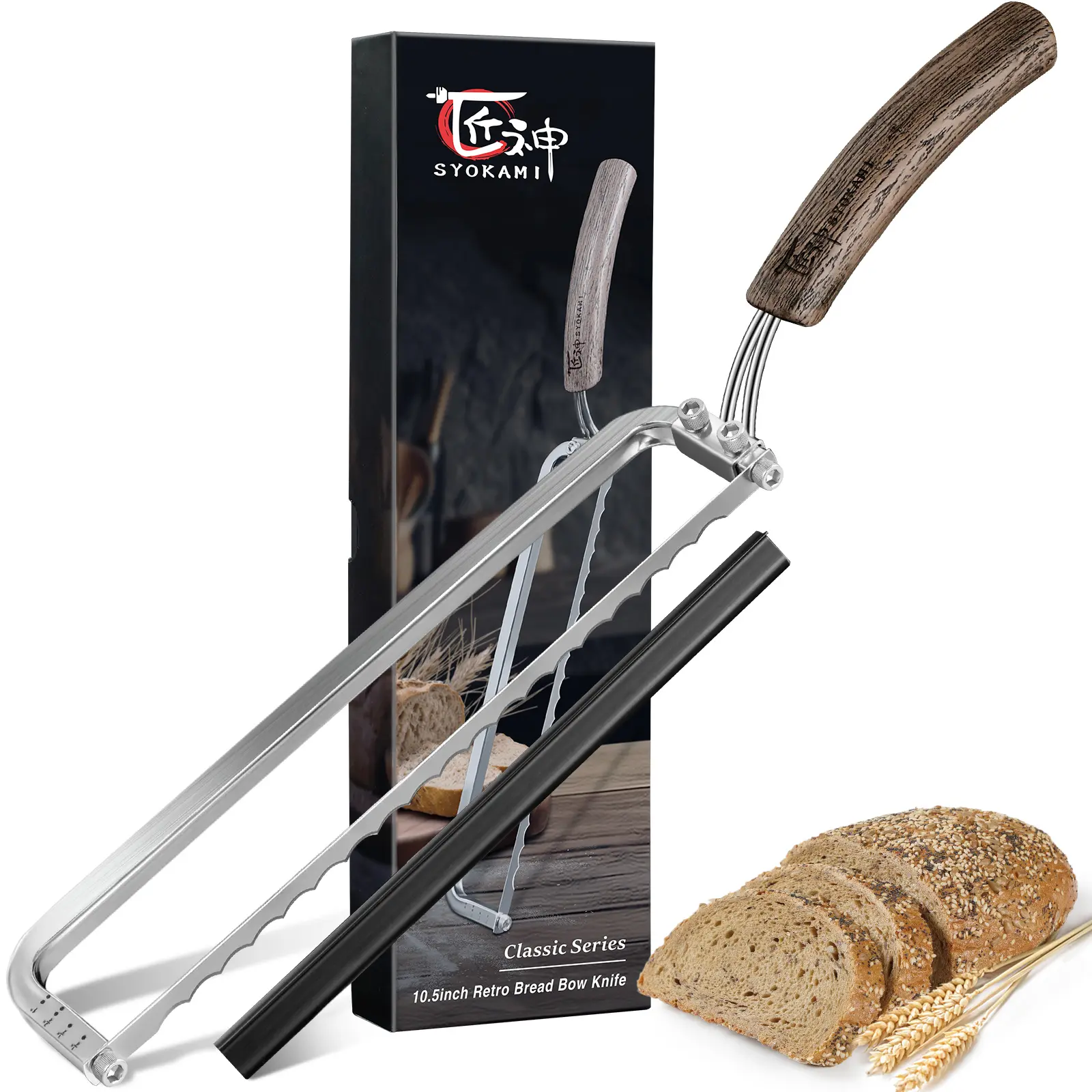 【DealsForYouDays】 SYOKAMI Bread Knife for Homemade Bread, 10.5 Inch Resharpenable Bread Cutter, Razor Sharp Crusty Sourdough Slicing, 4 Thickness Scale Markings for Even Sourdough Bread Slicer, Offset Handle, Gift Box for Mother's Day