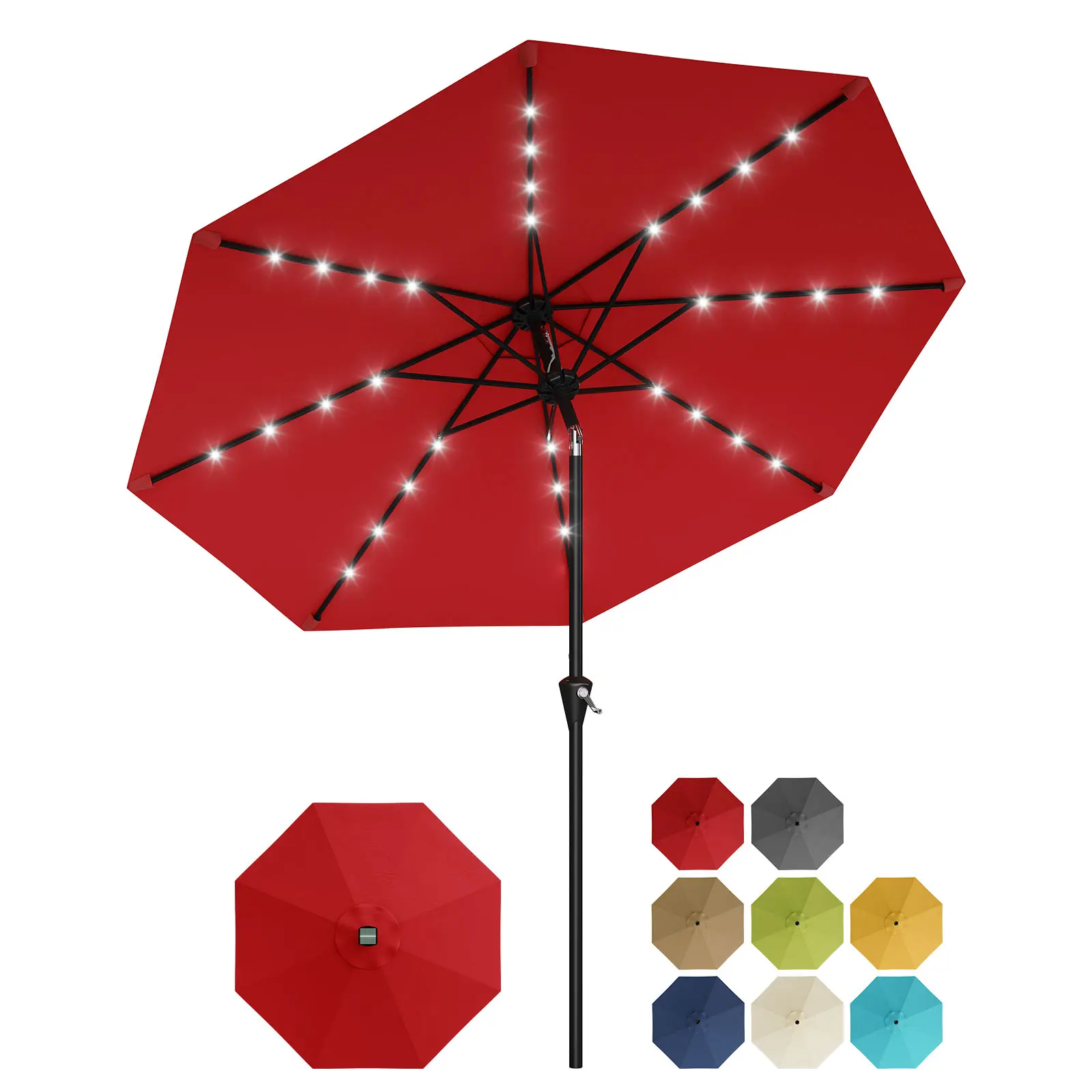 9FT Solar Patio Umbrella with 32 LED Lights, Outdoor Table Market Umbrella with Crank Lift and Push Button Tilt, 8 Sturdy Ribs, UV Protection for Pool Deck Yard Garden Porch,summerwins summergarden,outdoorfurnitureset,home decor,camping essentials