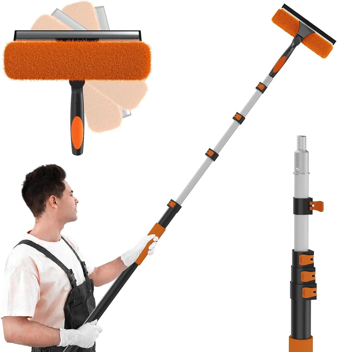 20FT Reach 2-in-1 Window Squeegee, Professional Window Washing Kit with 3-12FT Extension Pole for Home, Indoor Outdoor Squeegee with Rotatable Head for High Windows Aluminium