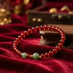 2-Loop Natural Red Sandalwood Beaded Bracelet | Feng Shui Wealth Attracting Green Jade Bracelet for Women Men Unisex Daily Wear