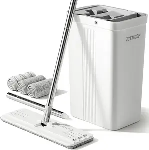 JOYMOOP Mop and Bucket with Reusable Microfiber Pads, Hands Free Flat Squeeze Mop with Wringer Set, Mop with Long Handle