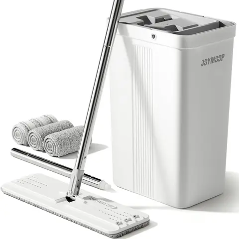 JOYMOOP Sturdy Flat Head Floor Cleaner Mop with Spin Bucket System, Adjustable Extendable Long Handle for Floor Cleaning, Hands-Free Squeezeout Wringer, Reusable Washable Microfiber Pads