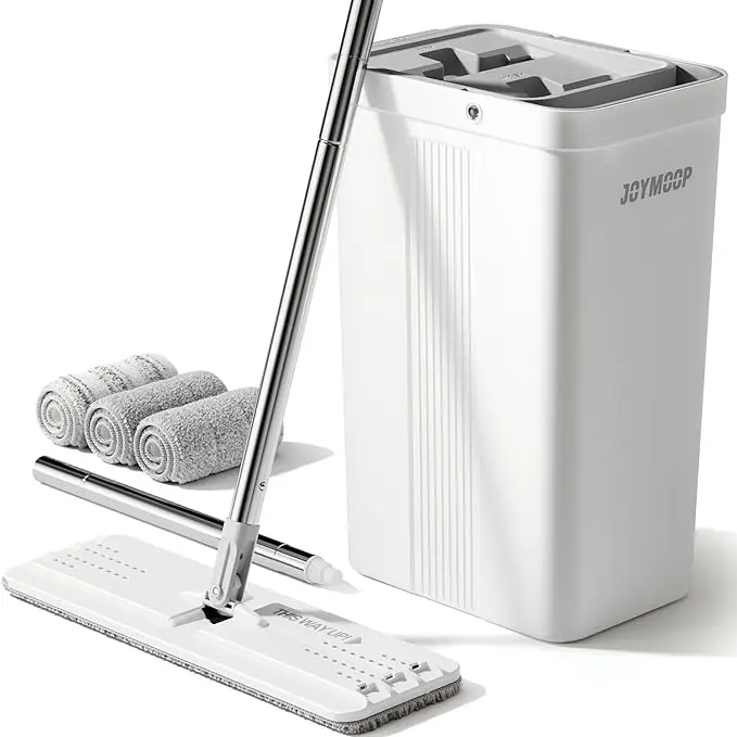 JOYMOOP Sturdy Flat Head Floor Cleaner Mop with Spin Bucket System, Adjustable Extendable Long Handle for Floor Cleaning, Hands-Free Squeezeout Wringer, Reusable Washable Microfiber Pads