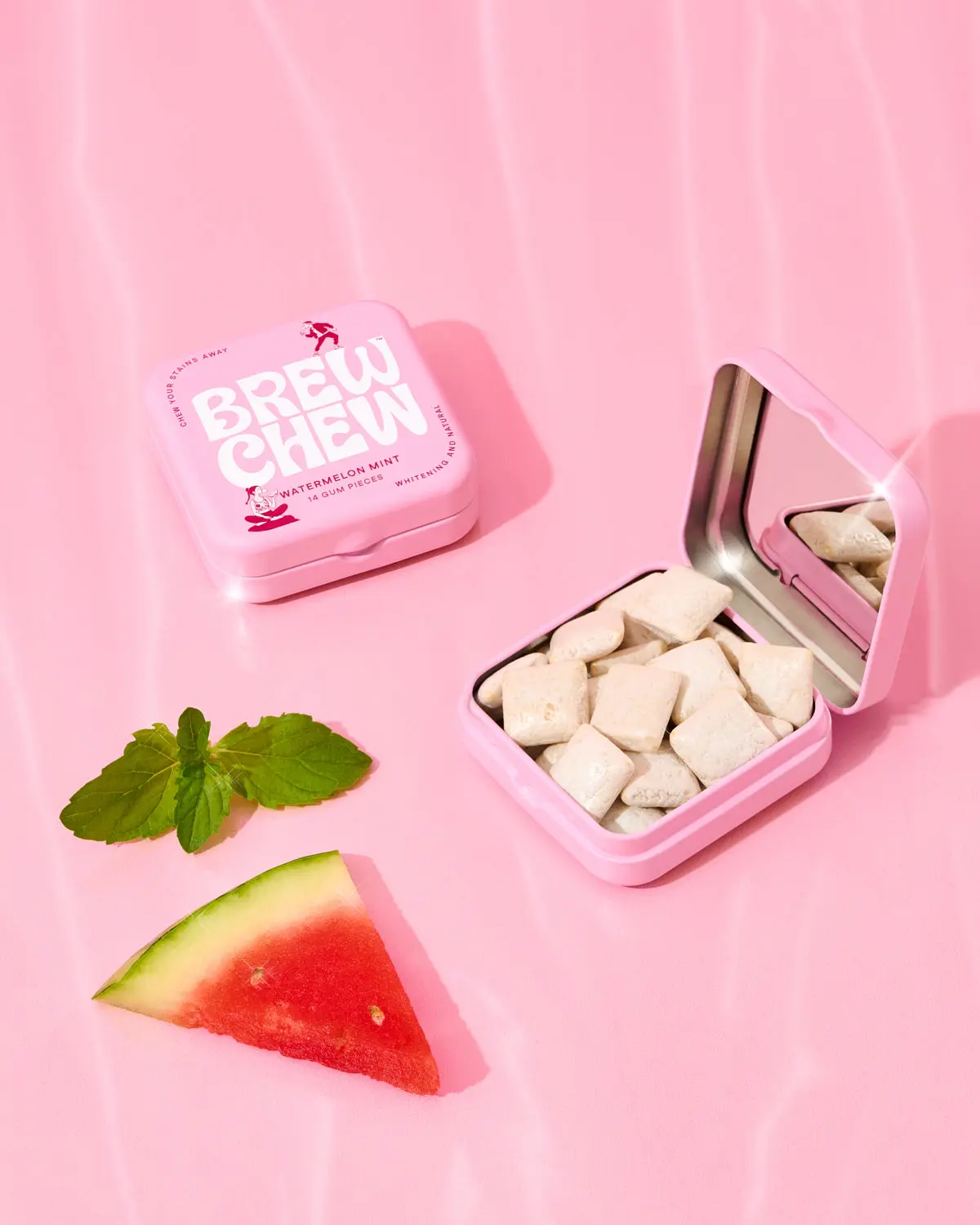 Watermelon Mint 4-Pack | All Natural Whitening Chewing Gum | Sugar Free, Lifts Surface Stains | Built-in Mirror Tin