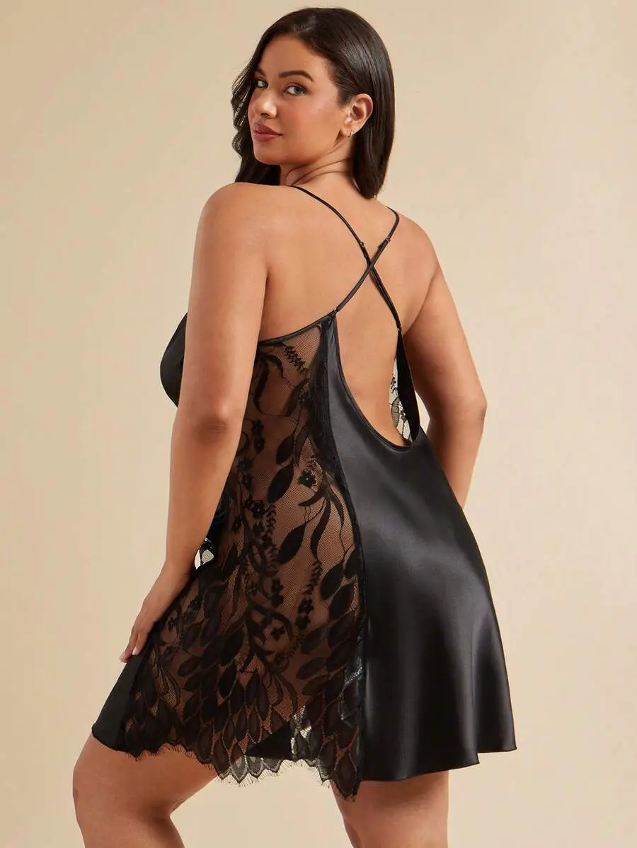 1pc Women Plus Size Sexy Lace Camisole Nightgown, Elegant Satin Mini Skirt, Suitable For All Seasons Black Night Gown Satin Night Gown Lace Night Gown Plus Size Night Gown Plus Size Nightgown, Feel Beautiful