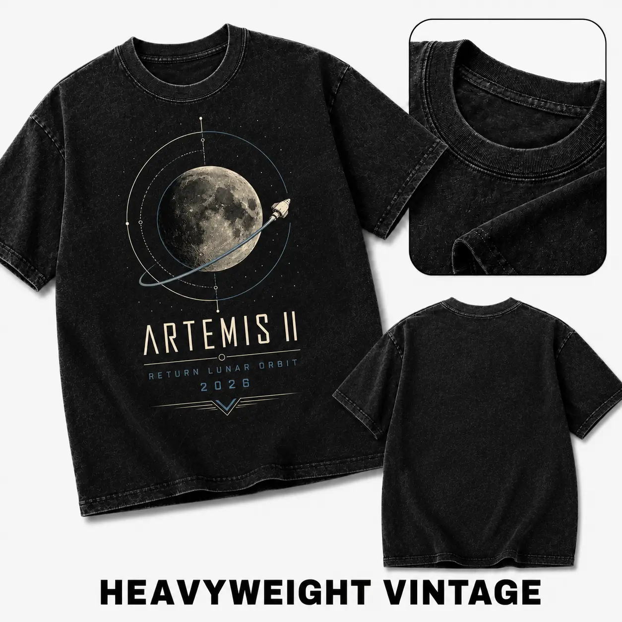 Men's Vintage Washed "Artemis II Return Lunar Orbit 2026" Graphic Tee - 180gsm Heavyweight, Retro Futuristic Oversized Unisex Cotton Short-sleeve Space Streetwear Shirt comfortable everyday fashion tee