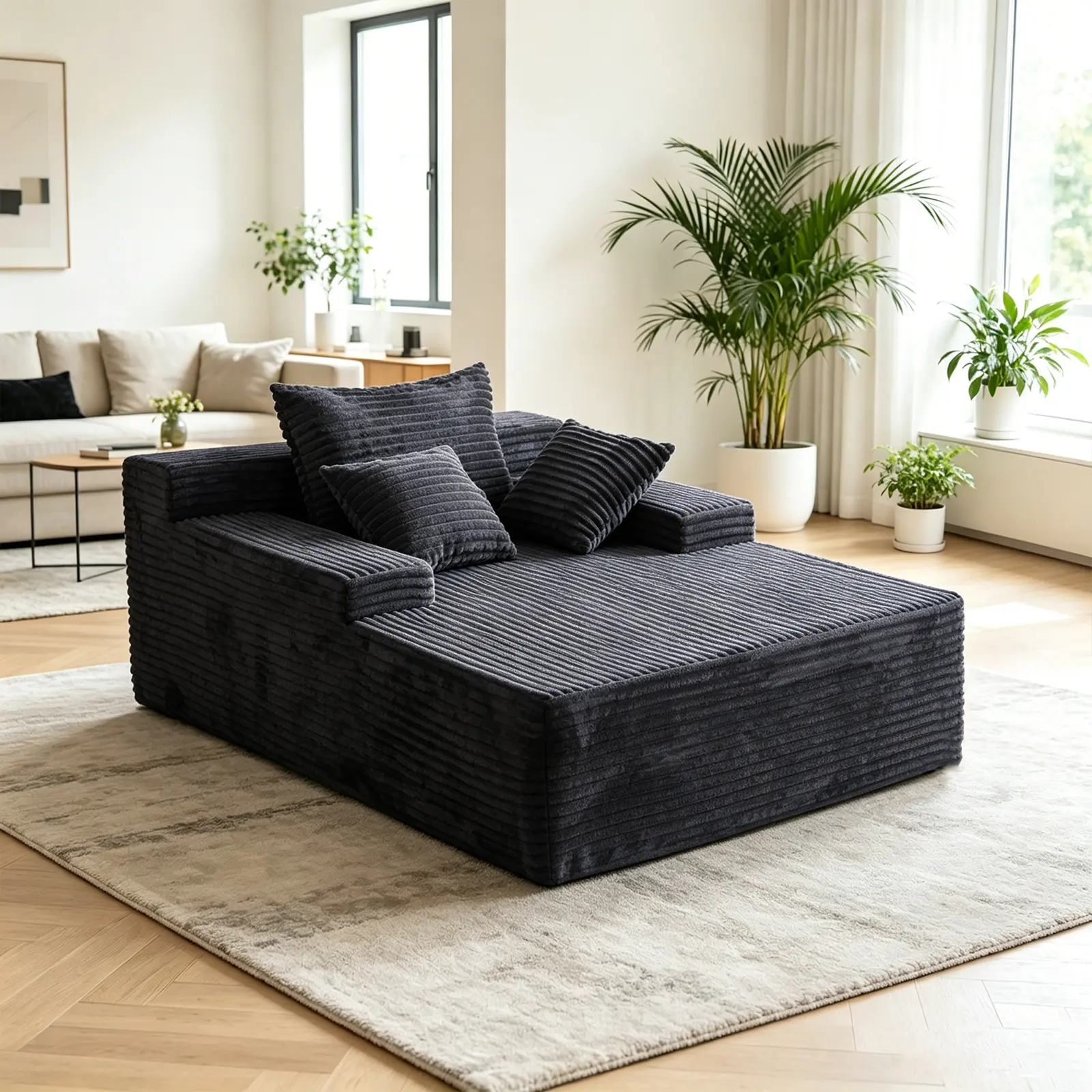Orienflex 67" Oversized Corduroy Convertible Indoor Lounger Couch - Non-Assembly Deep Seat Plush Apartment Furniture with 3 Pillows, Rivet Design Modular Cloud Sofa with Leather Storage for Living Room Reading Cozy Sofa Loveseat Sofa Cozy Reclining Sofa