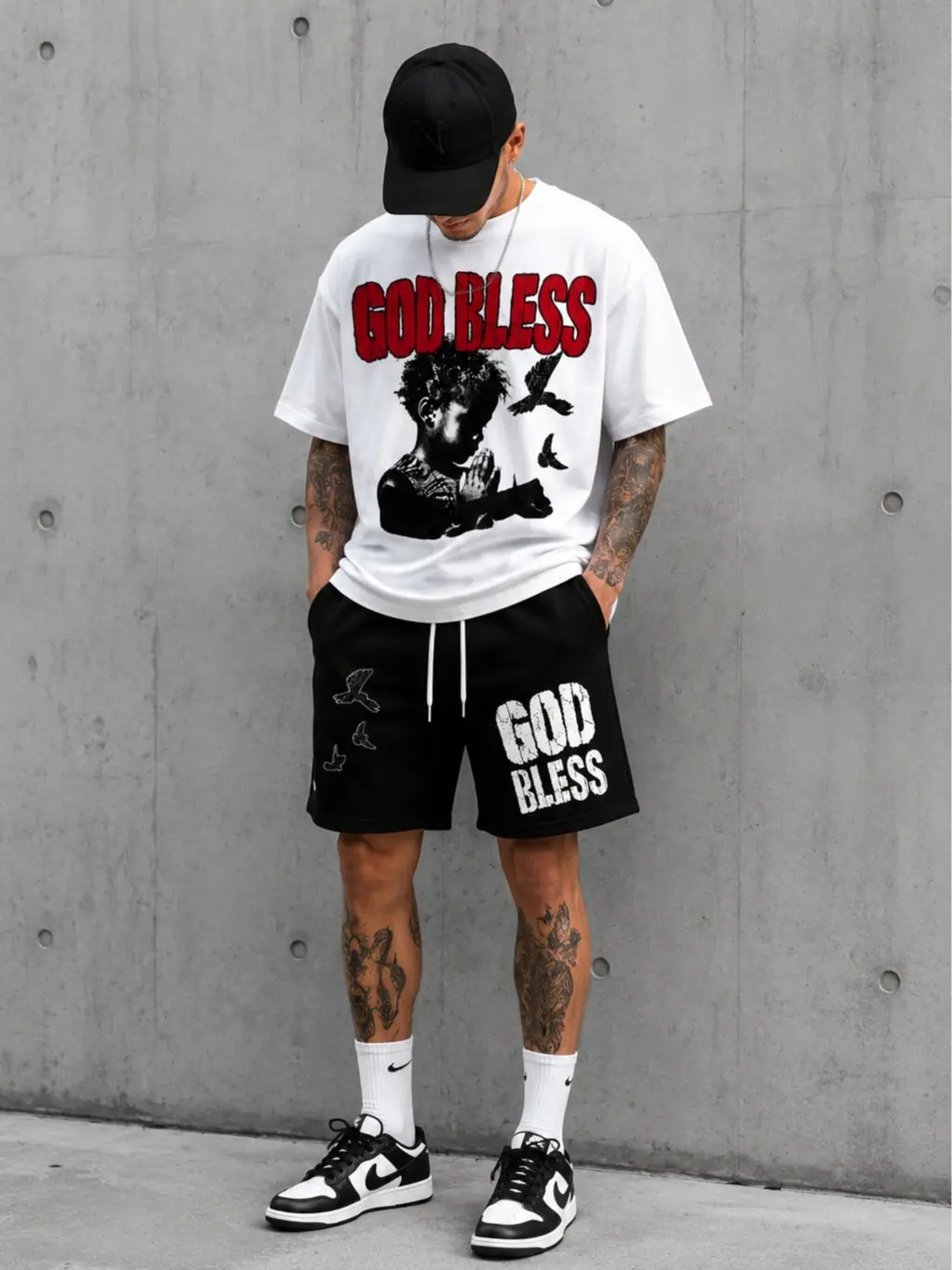 Men's Oversized 2-Piece Set | Vintage Street Style Faith-Inspired God's Plan Graphic Tee & Shorts, Breathable Cotton-Blend