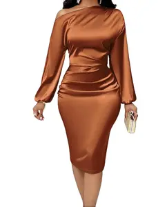 Neckline Ruched Side Satin Bodycon Dress
