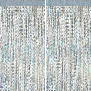 2-Pack Silver Color Backdrop Curtains, Gold Trimmed Fringe Glitter Wave Foil Edge Photography Props, Ideal for Birthday, Wedding, Christmas Decor