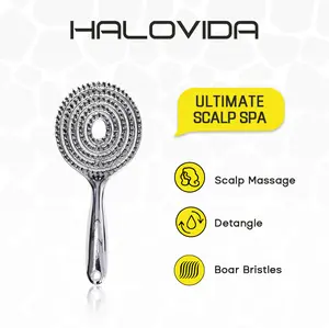 HALOVIDA Hollow Round Bristle Brush - Anti-Static Massage Brush for Enhanced Volume & Scalp Care,Pain-Free,Reduces Heat Damage, Ideal for Quick Drying and Voluminous Styling,Detangling Hairbrush Glossing Detangler,Clean,Boar bristle brush