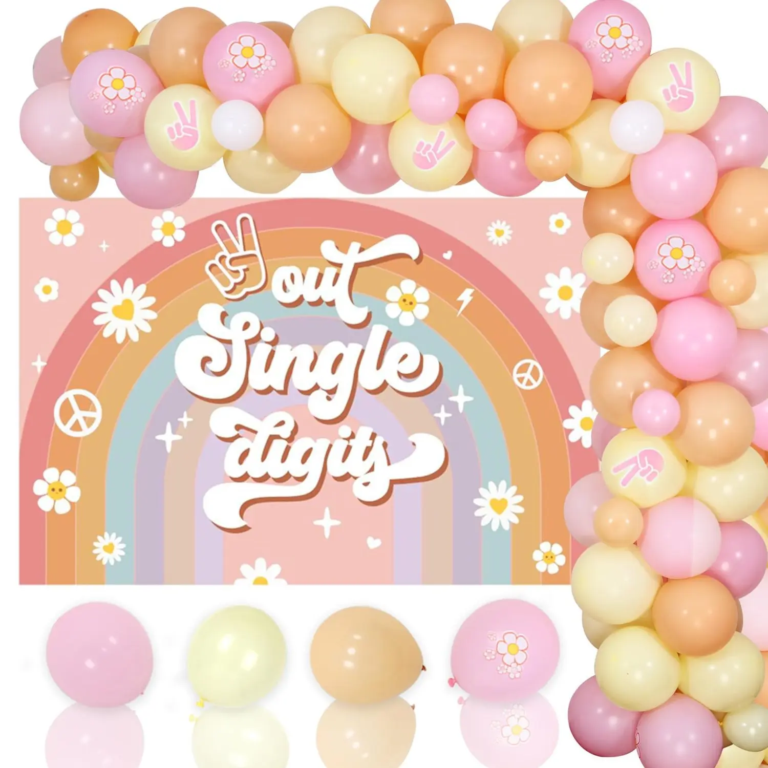 1Set Funky Girls' 10th Birthday Party Decorations Kit - Peace Out Single Digits Photo-Ready Backdrop, 50pcs 5 Inches Daisy Latex Balloons, Pink-Yellow Balloon Garland, Tape