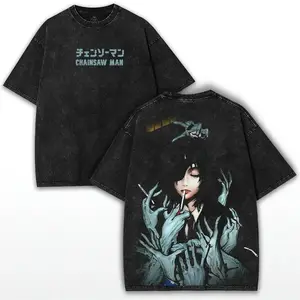 valentine shirts Harajuku Anime Himeno Printed T-shirt Manga Chainsaw Man Vintage Washed hot product Vintage Loose T Shirt Men Women Comfortable
