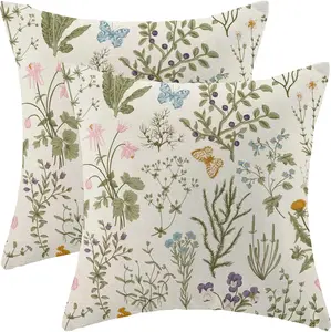 Set of 2 Spring Pillow Covers 18x18 Inch ,Sage Green Wild Flower Plant Throw Pillows Case,Seasonal Floral Outdoor Decorative Square Linen Farmhouse Decor Cushion Covers for Home Sofa Bed Couch